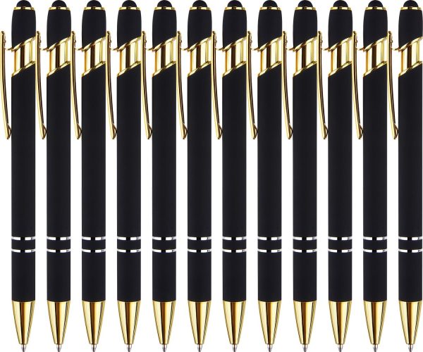 12 Pack Black Gold Ballpoint Pen with Stylus Tip, 1.0 mm Black Ink Smooth Writing Pens, Metal Stylus Pens for Touch Screens